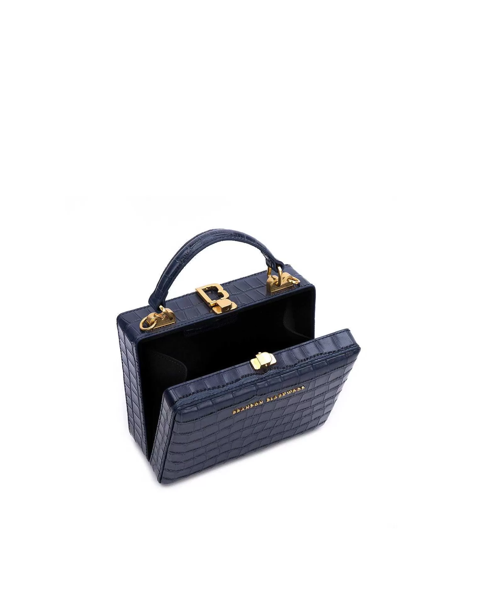Top Handle Bags>Brandon Blackwood Kendrick Trunk Navy Blue Croc Embossed Leather